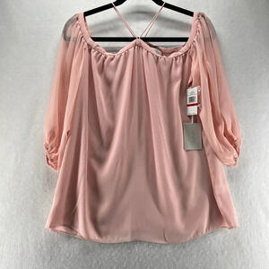 1.STATE Blouse Sz XS Chiffon Halter Neck Off The Shoulder Blouson Sleeve Pink